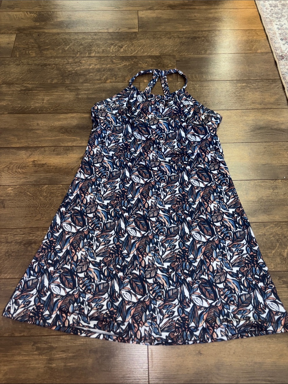 Navy and White Leaf-Print Halter Mini Dress with Tan Accents